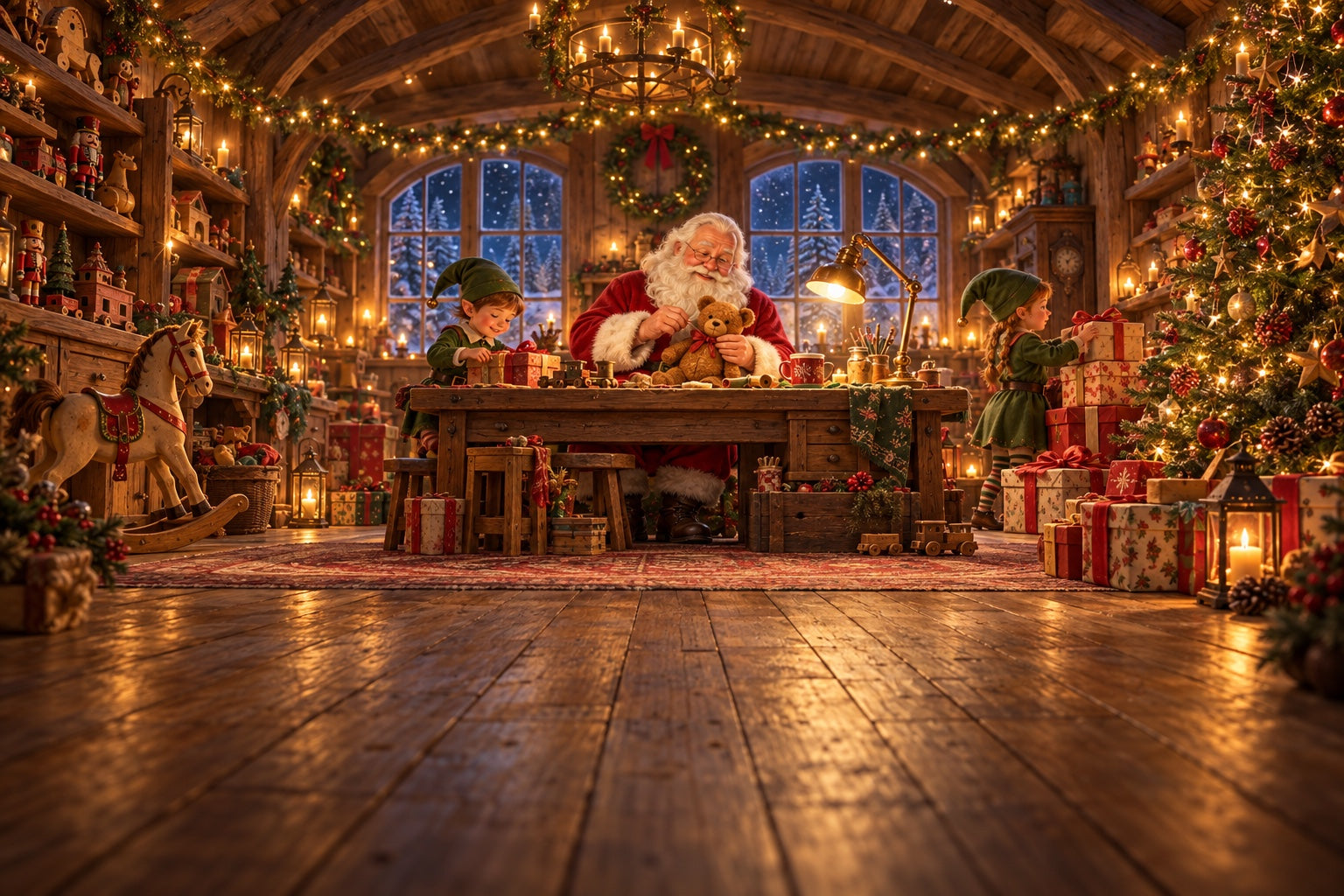 Santa and his elves making toys in a warmly lit wooden workshop