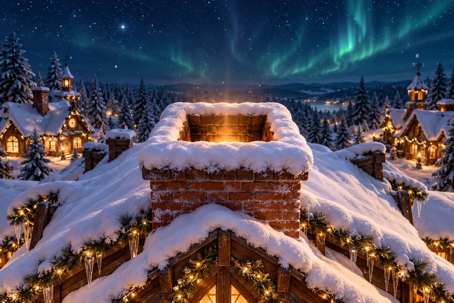 A snow-covered brick chimney on Santa’s rooftop beneath a starry winter sky